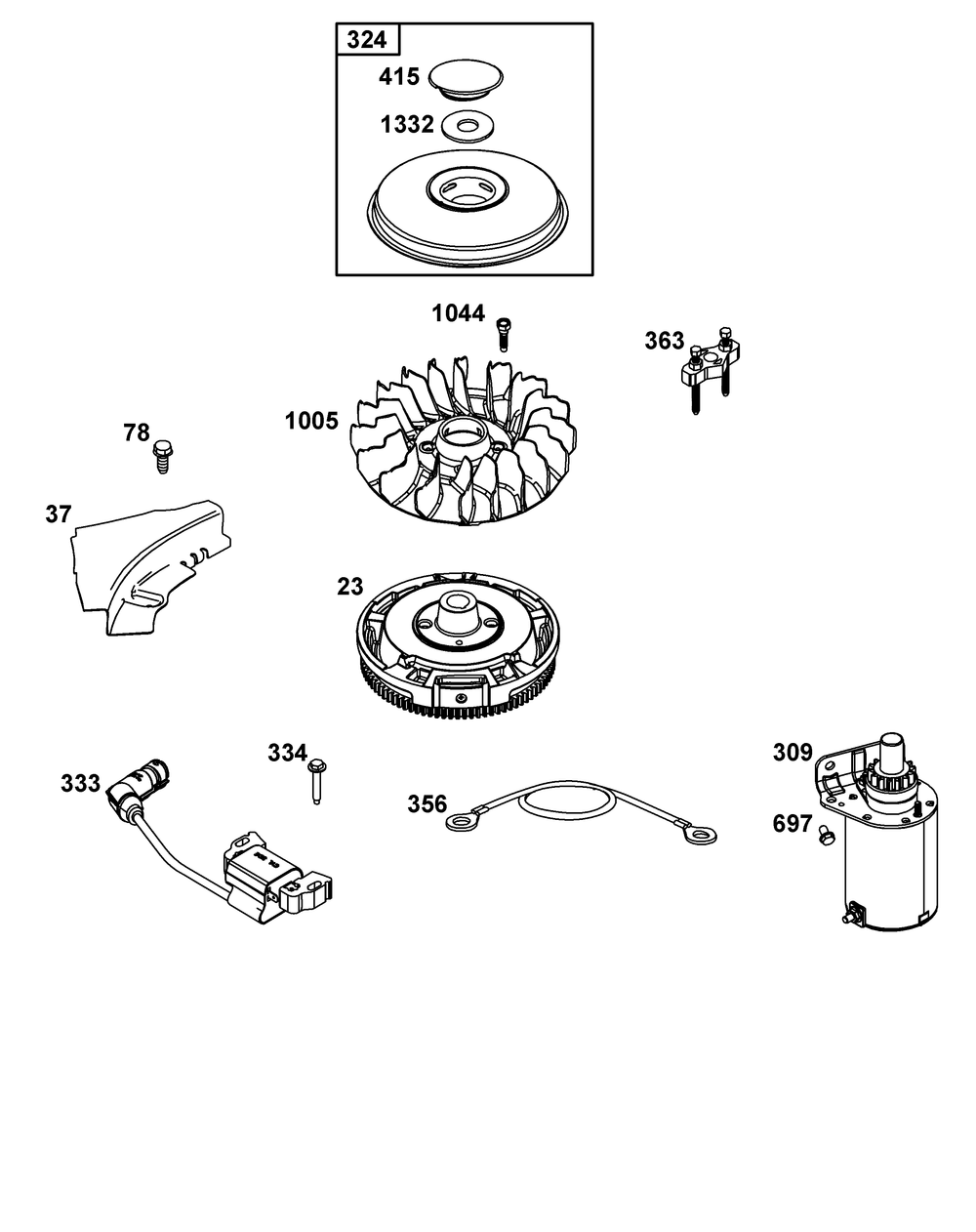 Flywheel, Ignition, And Starter Group Diagram and Parts List for 31S977-0012-B5 200000 - 399999 Briggs and Stratton Engine